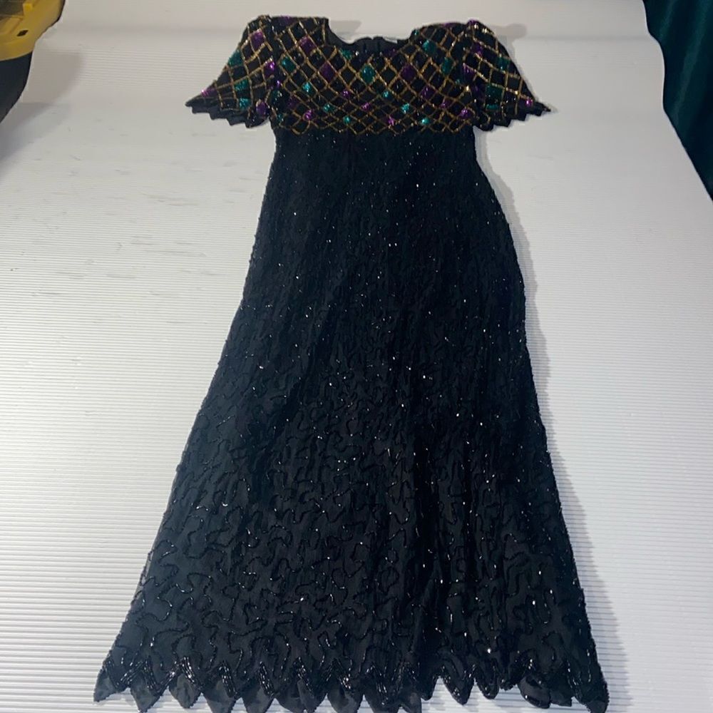 Vintage 80s Laurence Kazar Beautiful Silk Beaded and Sequins dress PM